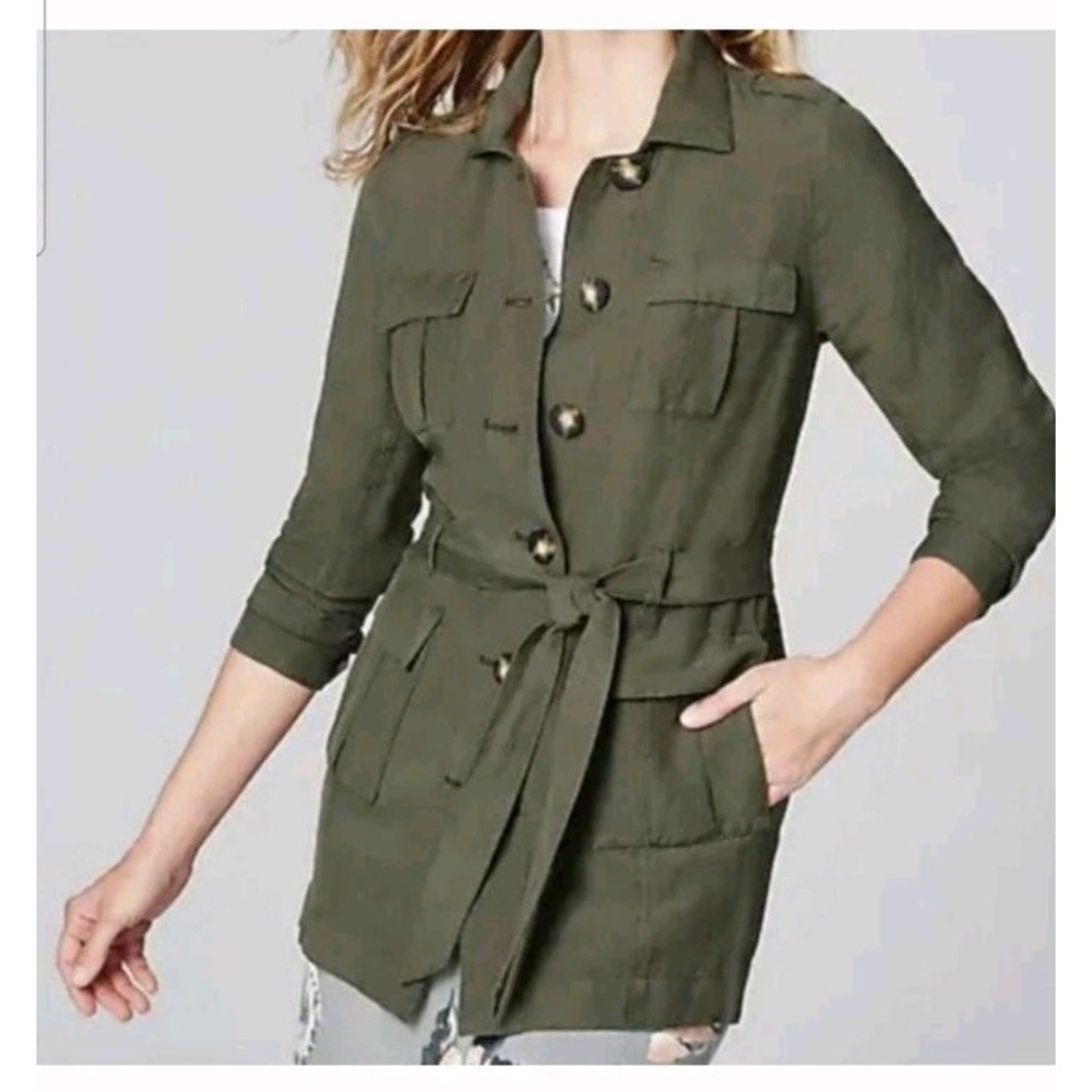 J. Jill Olive Green Safari Linen Rayon Belted Womens‎ Utility Jacket Coat Size M